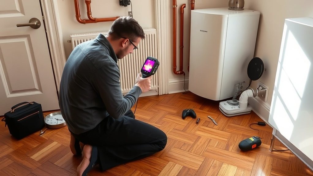 Engineer locating central heating leak using thermal imaging in East Dulwich